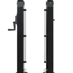Pair of black RV trailer stabilizer jacks