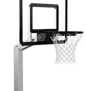 Mounted basketball hoop with net and backboard