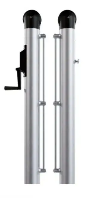 Two silver poles with black caps
