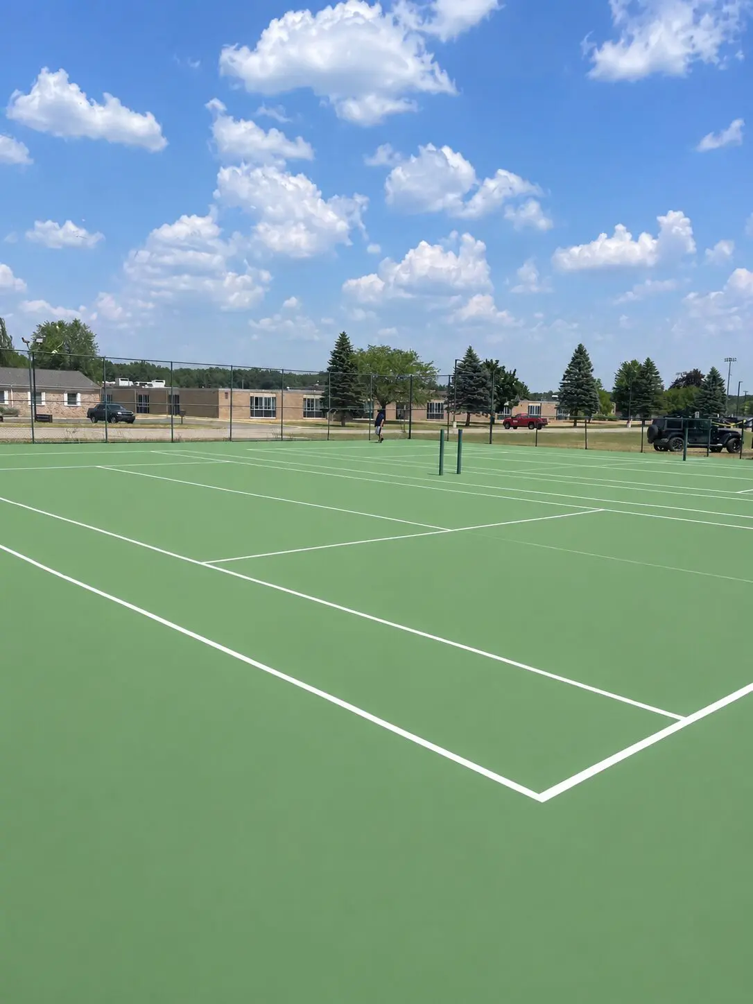 Empty green tennis courts under blue sky