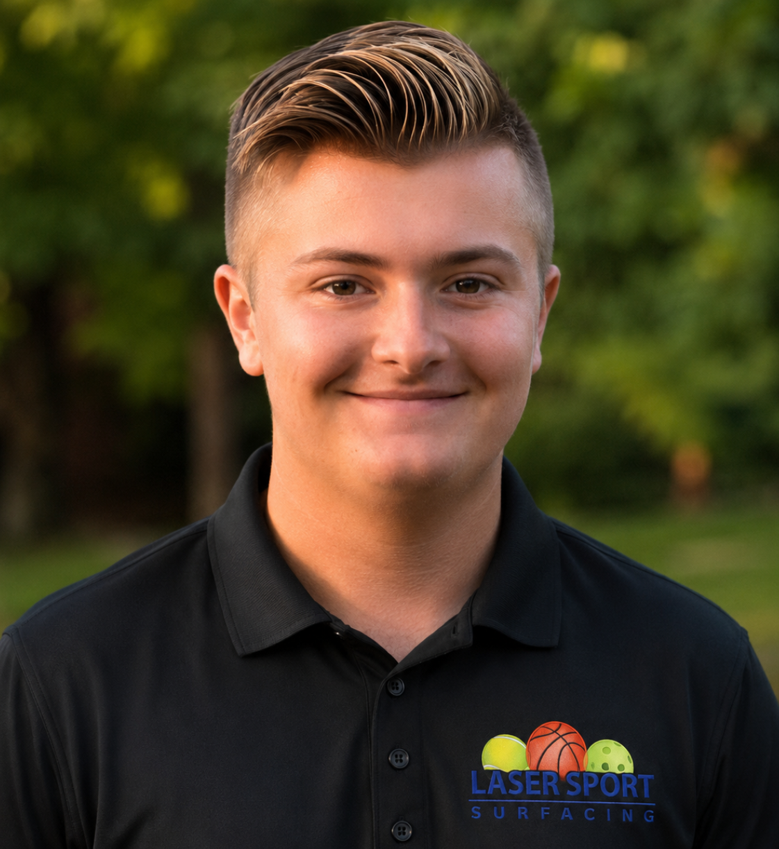 Smiling person outdoors wearing sports polo