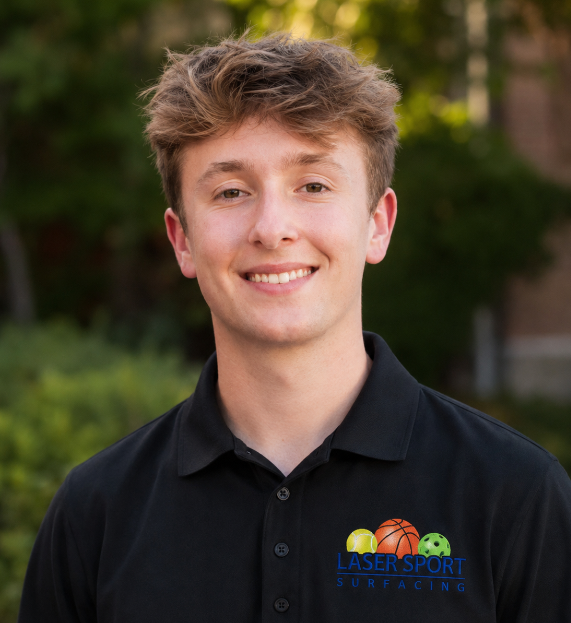 Smiling young man in polo with logo
