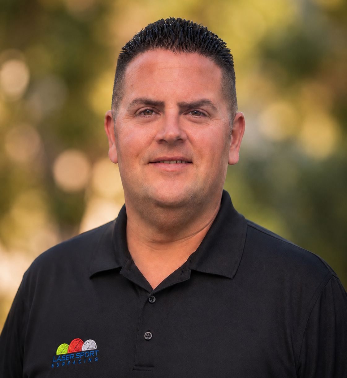 Outdoor headshot of man in black polo